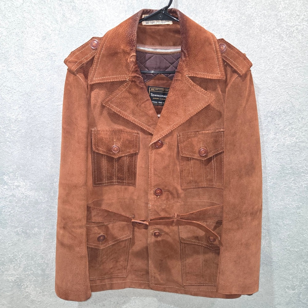 Vintage Towncraft JCPenney Mens Brown Suede Leather Belted Jacket Size 36